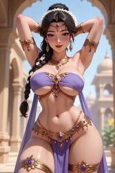 ai_generated architecture archway armlet armpits arms_behind_head athletic_body bandeau black_hair blurred_background blurry_background blush bracers braided_ponytail circlet cleavage dancer dancer_outfit drapery_(clothing) earrings female flower_in_hair forehead_jewel gem gold_jewelry gold_trim grok hair_over_shoulder hair_tie harem_outfit high_ponytail light_skin loincloth medium_breasts necklace pelvic_curtain pelvic_lines purple_outfit rgomez007 single_braid solo_female thick_thighs thighlet underboob wide_hips