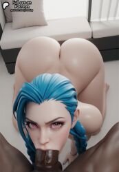 1boy 1girls 3d ai_generated all_fours arm_tattoo ass ass_up big_ass big_cock big_penis blowjob blue_hair braid braided_hair cock dark-skinned_male deepthroat exposed_ass fellatio female female_focus huge_cock interracial jinx_(league_of_legends) league_of_legends light-skinned_female light_skin long_hair looking_at_viewer male male_pov naked naked_female nude nude_female nude_male on_hands_and_knees on_knees oral oral_penetration oral_sex pale-skinned_female pale_skin penis pink_eyes pov sodaglow_artist tattoo twin_braids veiny_penis