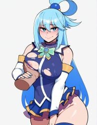 1boy ai_generated aqua_(konosuba) bare_shoulders blue_eyes blue_hair blue_nails blue_shirt blue_skirt blush bow breasts detached_sleeves disembodied_limb female grabbing grabbing_another's_breast hair_between_eyes hair_ornament hair_rings large_breasts long_hair looking_at_viewer microskirt miniskirt nipples no_panties one_breast_out shirt simple_background single_hair_ring skirt smile solo_focus straight thighhighs thighs torn_clothes very_long_hair white_background