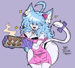 1female 1futa cat_ears catgirl cookies cyan_hair furry purple_bow roblox souldrivenlove tagme white_fur zhengfox