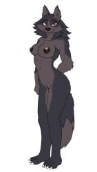 4_toes absurd_res anthro areola begyoshiart big_breasts black_body black_eyebrows black_fur bodily_fluids breasts canid canid_demon canine claws demon eyebrows feet female fingers fluffy fluffy_tail fur genitals hellhound hi_res i_think_i_like_you jess_(i_think_i_like_you) mammal mythological_canine mythological_creature mythology nipple_piercing nipples nude nude_anthro nude_female piercing red_eyes simple_background smile solo tail thick_thighs toes vulva white_background white_claws wide_hips