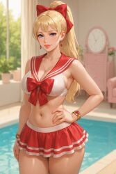 1girls ai_generated armpit_crease bangle bangs blonde_hair blue_eyes blurred_background blurry_background bow_accessory bracelet chatgpt cleavage clock curtains earrings female hairbow hand_on_hip indoor_pool medium_breasts midriff miniskirt one_hand_on_hip pleated_skirt ponytail poolside potted_plant rgomez007 sailor_uniform solo_female stable_diffusion thick_lips wide_hips