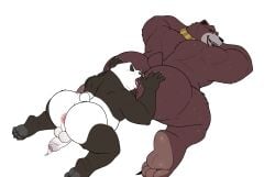 absurd_res anal anthro anus ass backsack balls bear big_butt bodily_fluids brown_body brown_fur butt_grab closed_eyes dreamworks feet fur genital_fluids genitals giant_panda hand_on_butt hi_res kneeling kung_fu_panda looking_pleasured male male/male mammal master_po_ping nude oral overweight overweight_male papa_bear_(puss_in_boots) penis precum puss_in_boots_(franchise) rimming saliva sex seyrmo slightly_chubby slightly_chubby_male