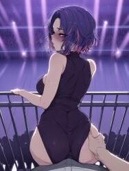 ai_generated aiyor ass ass_visible_through_clothes blush bulge crowd dress dry_humping embarrassed from_behind from_behind_position grinding hips imminent_sex lady_nagant large_breasts looking_at_viewer looking_back mature_female my_hero_academia nightclub outercourse people_in_background pov public revealing_clothes shame touching_face
