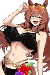 ;d absurdres animal_ears aqua_eyes bikini black_bikini breasts brown_hair female flower heart heart-shaped_eyewear highres horse_ears horse_girl jewelry large_breasts long_hair looking_at_viewer maruzensky_(hot_summer_night)_(umamusume) maruzensky_(umamusume) navel necklace official_alternate_costume one_eye_closed red_flower simple_background smile solo sunglasses swimsuit umamusume vvernerluniq white_background