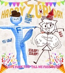 1boy 1girls cock dick english_text female genitals nipples no_bra party_hat penis photoshop snail t-pose t_pose takyzen text vein veins veins_on_dick veiny veiny_penis woman