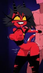 ai_generated ambiguous_penetration cheating cheating_female cheating_wife demon demon_girl demon_horns demon_tail helluva_boss imp millie_(helluva_boss) nipples pants_down penetration pussy red_skin red_skinned_female sex sex_from_behind shirt_down