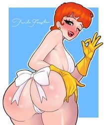 1girls 2024 apron apron_only artist_name ass ass_focus ass_support big_ass blush dat_ass dexter's_laboratory dexter's_mom ear_piercing earrings female female_only gloves green_eyes hair hand_on_ass handwear huge_ass lips lipstick looking_back mature mature_female mature_woman milf mother naked_apron ok_sign one_eye_closed orange_hair perlajoestar red_lips red_lipstick short_hair smile solo solo_female thighs white_apron wink winking yellow_gloves