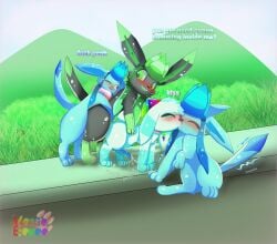 absurd_res blush bodily_fluids cum cum_inside eeveelution feral generation_4_pokemon genital_fluids glaceon group group_sex hi_res kissing lyn_(lodetail) male male/male minty_(blizzyglaceon93) nintendo penetration_anal pokemon pokemon_(species) sex trio xevie_eevee_(artist) xevie_eevewhite(character)