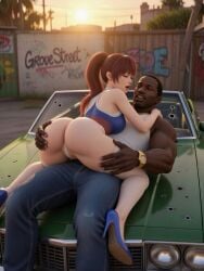 3d ai_generated asian_female ass ass_focus ass_grab black_male car carl_johnson closed_eyes couple couple_(romantic) crossover dark-skinned_male dead_or_alive eastern_and_western_character gangster ghetto gold_jewelry graffiti graffiti_on_wall grand_theft_auto grand_theft_auto:_san_andreas happy heels high_heels holding_ass holding_thigh hug interracial jewelry kasumi_(doa) kunoichi light-skinned_female los_santos lying_on_car moan moaning moaning_in_pleasure mounting mouth_open pleasure_face ponytail straddling sunset thong wowzerpowzers