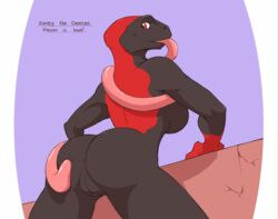 amphibian anthro anus ass black_skin breasts female frog long_tongue looking_back nude poison_(character) pussy red_eyes red_skin sideboob solo spotty_the_cheetah tongue