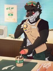 3:4 absurd_res balls barista beverage bodily_fluids canid canine canis coffee cum cum_drip cum_in_food dantalos demon dripping ejaculation food genital_fluids genitals hi_res humanoid_genitalia humanoid_penis hybrid male male/male mammal masturbation mrdarknesswolf penis solo wolf