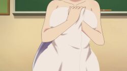 1girls areolae blush bouncing_breasts breasts closed_eyes hips hiwamura_hiyori large_breasts nipples screencap sound video white_hair wide_hips yowa_yowa_sensei
