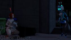 16:9 6_fingers 6_nipples animal_humanoid anthro ariral blue_body blue_eyes breasts duo exclamation_point fallkener_(modeler) felid felid_humanoid feline female fingers genitals hair hi_res holding_object humanoid humanoid_genitalia humanoid_penis kerfur_omega_(votv) looking_at_another machine male mammal mammal_humanoid multi_nipple nipples nude office_depot_(artist) outside penis question_mark red_eyes red_hair robot screen screen_face surprised voices_of_the_void widescreen