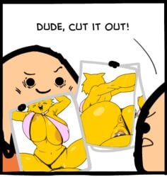 artwork_(digital) ass_view back_view big_breasts black_arms black_eyes black_thong bouncing_breasts cat_ears cat_girl cyanide_and_happiness female front_view funny half_naked legs_apart mad male mouth_open onlineworms orange_anus orange_areola orange_fur orange_shirt penis_in_pussy pink_clothing raised_eyebrows revealing_clothes sketch talking_to_partner tongue_out whiskers