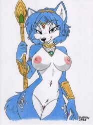 anthro areola armor blue_body blue_eyes blue_fur blue_hair bracers breasts canid canine female fox fox_ears fur fur_markings gem genitals gold_(metal) gold_jewelry hair hi_res jewelry krystal's_staff krystal_(star_fox) looking_at_viewer mammal markings navel necklace nintendo nipples nude nude_anthro nude_female simple_background smile solo staff star_fox tail traditional_media_(artwork) tuft vulva white_body white_fur zaeryn