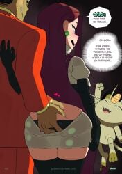 1girl1boy ahe_gao ashamed ass ass_grab back_view blue_eyes blush clothing comic dark_background doubt_(thedo_ubt) earrings ecchi english_text facial_hair female fingering fingering_ass formal from_behind giovanni_(pokemon) gloves grabbing_from_behind heart heart-shaped_pupils holding jessie_(pokemon) large_breasts legwear long_hair meowth milf open_mouth page_3 panties pokemon public_humiliation red_hair red_lipstick skirt smile standing straight team_rocket team_rocket_uniform thighhighs underwear