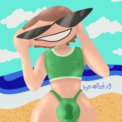 beach beach_background bikini brown_hair confused erect_nipples_under_clothes hypnoposting inflatable knick_knack latex living_inflatable lock_bulge male_only malesub mankini nozzle_on_belly nulge null_bulge ocean ocean_background permagrin permanent_smile rubber rubber_suit shiny_skin stretchy sunglasses sunnification sunny_miami transformation