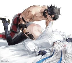 ass_up bite bite_mark gay genshin_impact grabbing_sheets heels hiding_face long_hair neuvillette_(genshin_impact) pointed_ears scars size_difference thigh_boots thigh_highs thighhighs toma_chii waist_grab wriothesley_(genshin_impact)