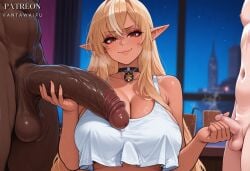 2boys ai_generated bangs black_choker blonde_hair blush breasts caressing_testicles choker cleavage closed_mouth clothed_female_nude_male clothing collarbone completely_nude crop_top crop_top_overhang dark-skinned_female dark-skinned_male dark_elf dark_skin double_handjob elf erection female flaccid flare_ch. foreskin futa_with_male group_sex handjob hololive hololive_japan huge_breasts huge_cock huge_testicles indoors interracial large_breasts large_penis large_testicles long_hair looking_at_penis looking_at_viewer male male_pubic_hair mmf_threesome multicolored_hair multiple_boys navel nude patreon_username pendant_choker penis penis_size_difference phimosis pointy_ears precum precum_drip pubic_hair red_eyes shiranui_flare small_penis small_penis_humiliation smile solo_focus straight streaked_hair sweat tank_top testicles threesome vantawaifu veins veiny_penis very_dark_skin virtual_youtuber white_tank_top window
