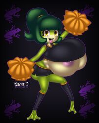 2025 absurd_res amber_eyes amphibian amphibian_humanoid animal_humanoid anthro anthro_only areola ass big_ass big_breasts big_butt bottomwear breasts cheerleader cheerleader_outfit cheerleading_pose cleavage clothed clothing curvy_figure digital_drawing_(artwork) digital_media_(artwork) eyelashes female frog frog_feet frog_girl frog_humanoid furry green_body green_hair green_skin hair hi_res hooves hourglass_figure huge_boobs huge_breasts humanoid leg_warmers legwear looking_at_viewer massive_breasts midriff miniskirt multicolored_body nipple_piercing nipple_slip nipples nirriti open_mouth original original_character piercing pink_nipples pom_poms ponytail shaded shirt skirt slipping_out solo spandex spandex_clothing tank_top tight_clothing tongue tongue_out topwear two_tone_body under_boob underboob underhoof wide_hips