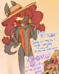 2025 5_fingers accessory angry anthro blush bracelet choker clothing curled_tail dialogue djannetur djannetur_(character) duo ear_piercing english_text eyebrows eyelashes eyewear facial_piercing fingers fur furgonomics furry-specific_piercing genital_piercing genitals gold_(metal) gold_bracelet gold_choker gold_jewelry gold_necklace gold_piercing grey_body grey_fur hair hair_accessory hair_tie hat headgear headwear hybrid hyena ineffective_clothing ineffective_swimwear jewelry jullet_(djannetur) lgbt_pride lip_piercing long_hair looking_at_another madison_piercing magic makeup male mammal muzzle_piercing necklace nipple_piercing nipples nonbinary_(lore) nose_piercing one-piece_swimsuit orange_clothing orange_swimwear outside piercing pride_colors purple_eyes rainbow_flag rainbow_pride_flag rainbow_symbol red_hair ring ring_piercing rule_63 shy smug smug_expression smug_face smug_grin speech_bubble spotted_hyena spread_vulva spreading standing sun sun_hat sunglasses swimwear tail tail_piercing talking_to_another text translucent translucent_clothing translucent_swimwear vulva vulva_piercing watermark wet_hair