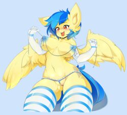 2014 anthro areola big_breasts blue_background blue_hair blue_nipples blush breasts clothing cream_fur elbow_gloves equine fan_character female fur furry furry_only gloves hair legwear mammal my_little_pony navel nipples nude open_mouth orange_eyes panties pegasus plain_background pussy_floss silvia_windmane slugbox solo string teeth thighhigh tongue tongue_out underwear wings