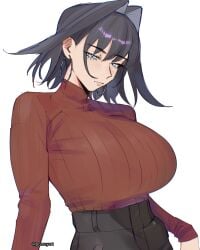 1girls black_hair blue_eyes breasts clothed_breasts clothing earrings fully_clothed hololive hololive_english hololive_english_-council- hololive_english_-promise- hoop_earrings large_breasts looking_at_viewer ouro_kronii pomuya sweater virtual_youtuber vtuber