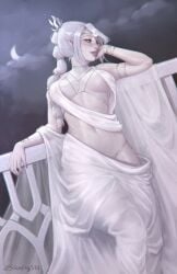 1girls baldur's_gate_3 body_jewelry braid braided_hair circlet cleavage drapes elf elf_female female green_eyes jewerly light_skin medium_breasts scar shadowheart sleepingsol solo solo_focus white_hair