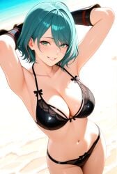 1girls ai_generated beach bikini black_bikini blush breasts cleavage dead_or_alive female_only gauntlets green_eyes green_hair hands_behind_head large_breasts pink_hair short_hair smile solo_female streaked_hair tamaki_(doa)