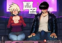 1boy ai_generated bakugou_mitsuki black_hair blonde_hair blush boku_no_hero_academia breasts bulge cheating_\\\\\\\\(relationship\\\\\\\\) cleavage couch denim english_text erection erection_under_clothes female indoors jacket jeans large_breasts mature_female milf mitsuki_bakugou my_hero_academia pants patreon_username red_eyes ribbed_sweater short_hair sitting speech_bubble straight sweater tillian v-neck web_address