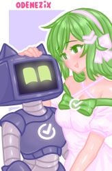 1girls 1robot clothing cute cute_face cute_style dress female female_focus green_eyes green_hair high_quality odenezix odenezix_style original original_character robot sber-chan sberbank sberik screen_face sfw simple_background tagme