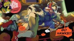 16:9 adversarial_noise advertisement anal anal_sex anthro ass bar big_breasts breasts canid canine canis dialogue digital_media_(artwork) domestic_dog duo futa_on_male genitals gynomorph hair hi_res humanoid_genitalia husky intersex intersex/male intersex_penetrating intersex_penetrating_male kenno_arkkan male male_penetrated mammal mostly_nude nordic_sled_dog penetration public public_sex purgy sex speech_bubble spitz sports_jersey tail tail_motion tailwag white_hair widescreen