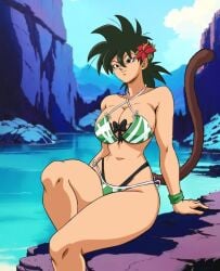 beach_outfit beautiful big_breasts bra breasts cleavage dragon_ball dragon_ball_super dragon_ball_z girl happy maiz mountain panties pretty saiyan saiyan_female saiyan_tail slim_waist smiling solo stunning thighs thighs_bigger_than_head water