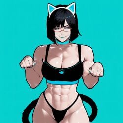 1girls abs aged_up ai_generated alternate_breast_size black_hair blue_eyes blue_lipstick bra cat_ears cat_tail choker glasses hand_jumper large_breasts muscular_female painted_nails panties paw_pose procyon_ai sayeon_lee smile smile_at_viewer smug solo_female thick_thighs wide_hips