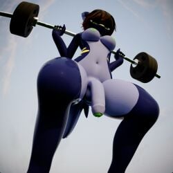 3d_(artwork) absurd_res anthro bodily_fluids breasts digital_media_(artwork) exercise fish flaccid foreskin genital_fluids genitals gynomorph hi_res humanoid_genitalia humanoid_penis intersex looking_at_viewer low-angle_view marine penis precum requiem_shark sapphire_(lafix63) shark solo tiger_shark weightlifting workout worm's-eye_view