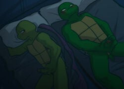 anthro arm_behind_head bed biceps blush brothers donatello duo erection green_penis green_skin inside lying male male_only masturbation muscles mutant ninja nude on_back on_bed on_side penis pillow pose raphael reptile scales scalie sibling sneefee teenage_mutant_ninja_turtles turtle vein yellow_eyes