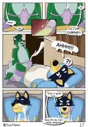 anal anal_orgasm anthro armpit_hair australian_cattle_dog bandit_heeler belly bluey_(series) bodily_fluids body_hair canid canine canis cattledog clothing comic cuckold cum cum_in_clothing cum_in_underwear cum_on_face cum_through_clothing cum_through_underwear cumshot daddyfication dialogue domestic_dog duo ejaculation english_text erect_nipples erection expressions genital_fluids genitals hands-free herding_dog hi_res inside legwear male male/male mammal motion_lines nipple_outline nipples orgasm pastoral_dog penis precum prostate prostate_orgasm prostate_stimulation prostate_with_heart sex shaded shirt simple_background simple_shading slightly_chubby speech_bubble tank_top text thong throbbing throbbing_penis topwear underwear wet wet_clothing wet_underwear wolf yose_stones yose_stones_(character)