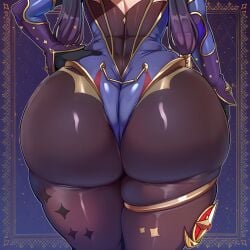 ai_generated ass ass_focus big_ass butt_focus genshin_impact kurora mona_(genshin_impact) skin_tight skindentation tight_clothes tight_clothing tight_pants
