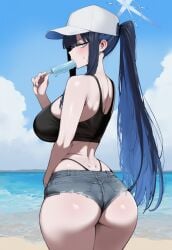 1girls ai_generated ass back back_view beach blue_archive blush breasts cap clothed clothed_female female female_only halo huge_ass huge_breasts ice_cream light-skinned_female light_skin long_hair looking_at_viewer looking_back outside ponytail saori_(blue_archive) sweat sweatdrop sweating thick_thighs thighs truck-kun_art truck_kun