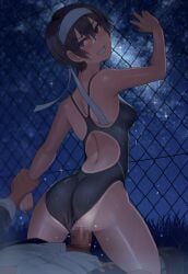 1boy 1girls 2d ambiguous_penetration ass black_eyes black_hair censored censored_penis cock dick female_focus female_penetrated hair human kuronami_(lvi) lvi male male/female male_penetrating mosaic_censoring oc open_mouth original original_character penis sex sexual_intercourse short_hair swimsuit swimsuit_aside swimwear unseen_male_face very_short_hair