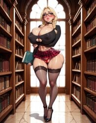abs ai_generated bimbo blonde_female blonde_hair blush braids bulging_breasts cameltoe glasses heels huge_breasts illustrious_(stable_diffusion) library miniskirt nipple_bulge obviousaddicted panties puffy_pussy stable_diffusion thighhighs