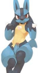 2021 3_fingers anthro balls biped black_blush black_body black_fur black_inner_ear black_markings blue_balls blue_body blue_fur blue_penis blue_tail blush blush_lines canid canine chest_spike closed_smile digital_drawing_(artwork) digital_media_(artwork) erection facial_markings fingers foreskin fur gay gay_male generation_4_pokemon genitals glans glistening glistening_eyes hand_spike head_markings hi_res homosexual homosexual_male humanoid_genitalia humanoid_penis looking_at_viewer lucario male male/male male_anthro male_only male_penetrating mammal markings mouth_closed multicolored_body multicolored_fur neck_tuft nintendo nude nude_anthro nude_male partially_retracted_foreskin penis pink_glans pointy_ears pokemon pokemon_(species) prick_ears pu_sukebe red_eyes simple_background smile smiling_at_viewer solo spikes spikes_(anatomy) tail tuft white_background yellow_body yellow_fur