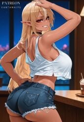 ai_generated alternate_costume arm_up artist_name ass back bare_shoulders black_choker blonde_hair blue_shorts blurry_background blush breasts choker clothing cowboy_shot crop_top crop_top_overhang cup cutoffs dark-skinned_female dark_elf dark_skin denim denim_shorts elf female from_behind grin hand_on_own_head hand_on_own_hip hololive hololive_japan indoors large_breasts long_hair looking_at_viewer looking_back midriff multicolored_hair patreon_username pointy_ears red_eyes shiranui_flare short_shorts shorts sideboob smile solo streaked_hair tank_top thighs vantawaifu virtual_youtuber white_hair white_shirt white_tank_top