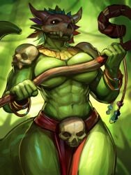 3:4 abs anthro athletic biceps bone bone_mask female green_body hi_res jewelry lihzahrd mask muscular_arms muscular_thighs rule_63 serratus shiragato skull skull_accessory small_waist solo staff terraria thick_thighs triceps wide_hips witch_doctor_(terraria)