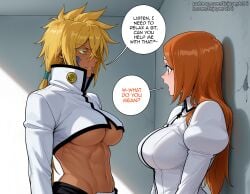 2girls abs against_wall ai_generated bleach bleach:_the_thousand-year_blood_war blonde_hair breasts dark-skinned_female dark_skin english_text enjoyerartai facial_mark green_eyes hi_res inoue_orihime large_breasts long_hair looking_at_another midriff multiple_girls navel orange_hair speech_bubble talking tier_harribel underboob watermark