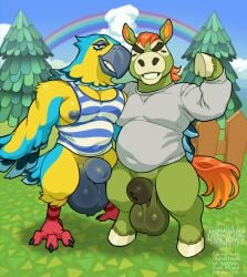 2026 4_toes animal_crossing animal_genitalia anisodactyl anthro avian avian_feet balls beak belly big_balls blue_body blue_nipples bottomless buck_(animal_crossing) claws clothed clothing darkened_genitalia digital_media_(artwork) duo english_text equid equine feathers feet flexing fur gay gay_male genitals glistening glistening_balls glistening_genitalia grapeyguts grey_clothing grey_sweater grey_topwear hair hand_on_hip holding_another homosexual homosexual_male hoof_hands hooves horse keaton_(animal_crossing) looking_at_viewer male male/male male_only male_penetrating mammal multicolored_body multicolored_fur muscular muscular_anthro muscular_male navel nintendo nipples orange_hair outside pantsless pecs plant rainbow scuted_feet scutes sheath shirt sky slightly_chubby slightly_chubby_male smile smiling_at_viewer standing stubble sweater tail tail_feathers tank_top text toe_claws toes topwear tree two_tone_body two_tone_fur watermark winged_arms wings yellow_body