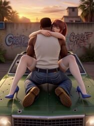 3d ai_generated arms_around_neck arms_around_partner asian_female black_male car carl_johnson couple couple_(romantic) crossover dark-skinned_male dead_or_alive eastern_and_western_character gangster ghetto gold_jewelry graffiti graffiti_on_wall grand_theft_auto grand_theft_auto:_san_andreas heels high_heels hug hugging hugging_partner interracial jewelry kasumi_(doa) kunoichi legs_open legs_spread light-skinned_female los_santos moan moaning open_mouth ponytail sitting_on_car softcore sunset wowzerpowzers