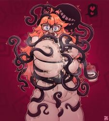 1girls arms_behind_back big_boobs big_breasts big_tits blue_eyes blue_eyes_female boobs breasts completely_nude completely_nude_female female glasses nude nude_female open_mouth orange_hair orange_hair_female original restrained_by_tentacles simple_background takyzen tentacle tentacles tits woman