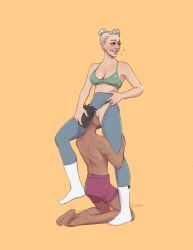 cunnilingus dark-skinned_male exercise_clothing gagan_stuart guiltymerchant hair_buns height_difference kneeling light-skinned_female older_female plain_background shorter_male straight taller_female younger_male